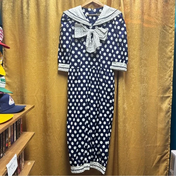 Vintage 1980s My Michelle Navy and White Polka Dot Jumpsuit - Picture 4 of 8